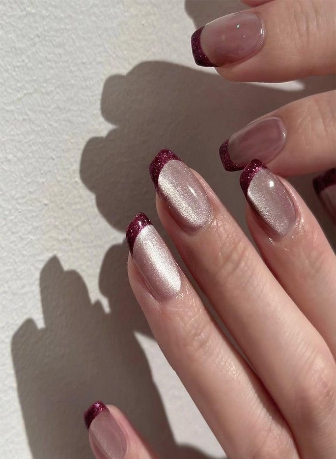 TOGZOM Red French Tip Press On Nails - Medium Square, Cat Eye Acrylic, Glossy Ombre, Shiny Glitter, Squoval Artificial, Xmas Stick On Nails for Women & Girls - 24 Pcs - Image 1